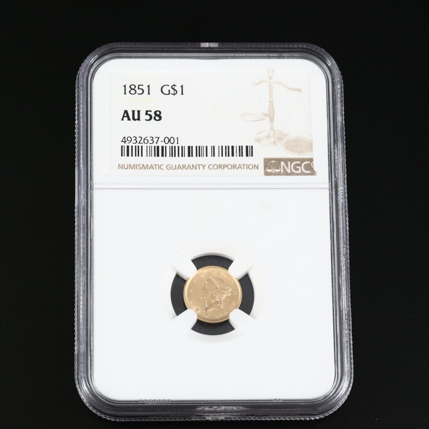 NGC Graded AU58 1851 Liberty Head Gold $1 Coin