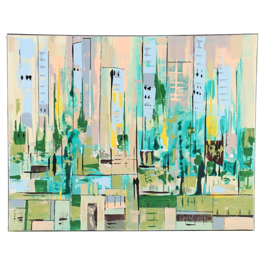 Farshad Lanjani Acrylic Painting of Abstract Cityscape