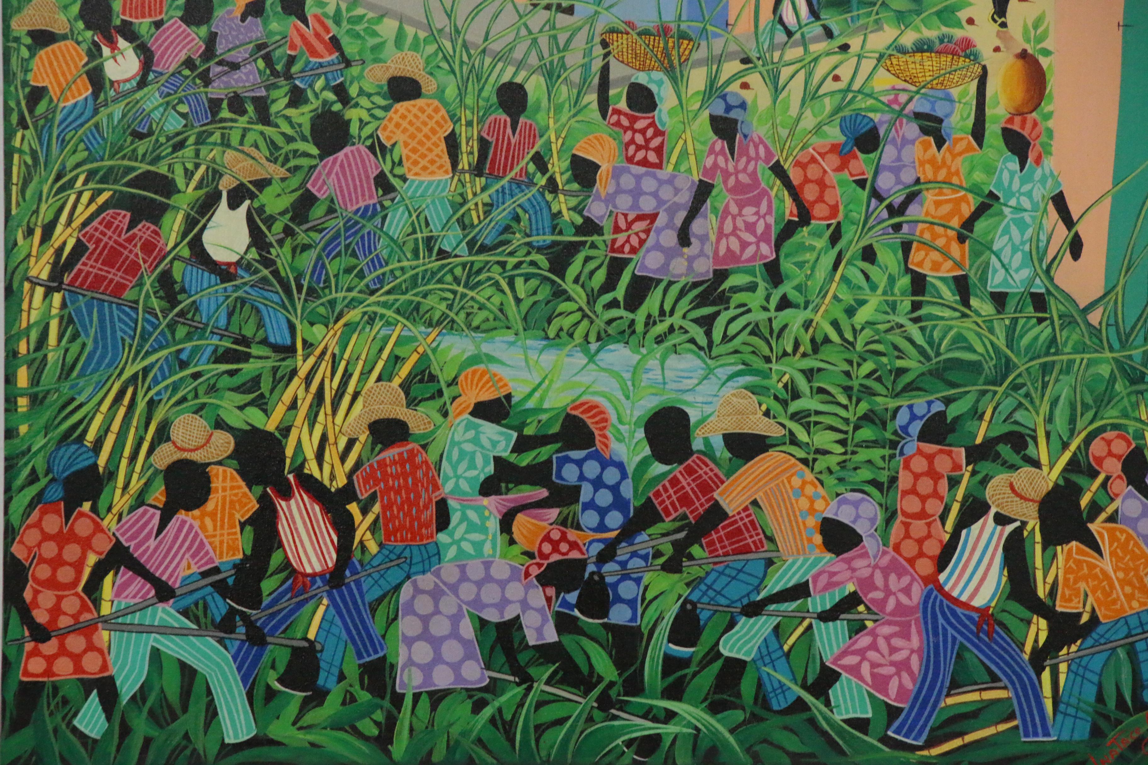 Inatace Alphonse Haitian Folk Art Oil Painting of a Village Scene