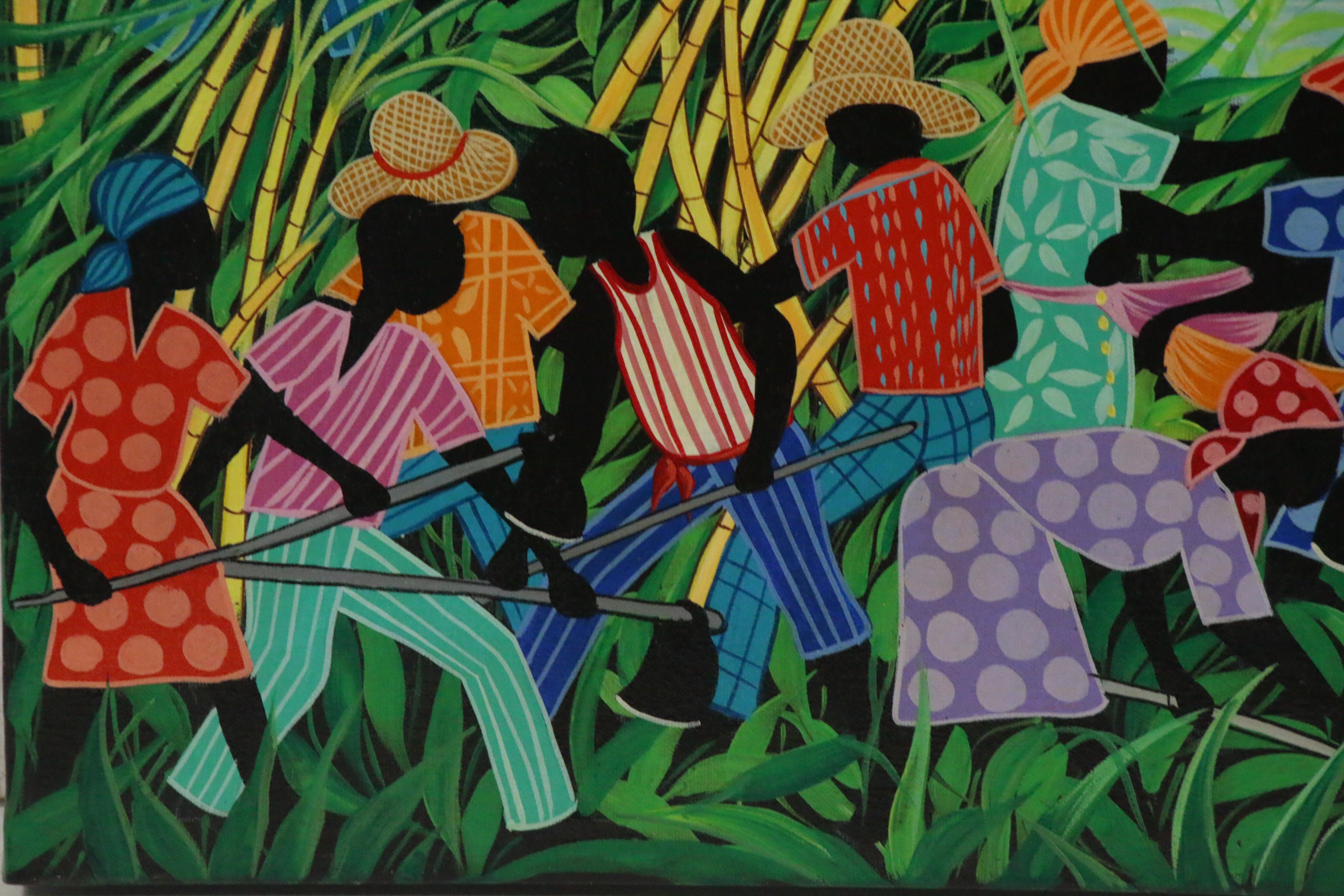 Inatace Alphonse Haitian Folk Art Oil Painting of a Village Scene