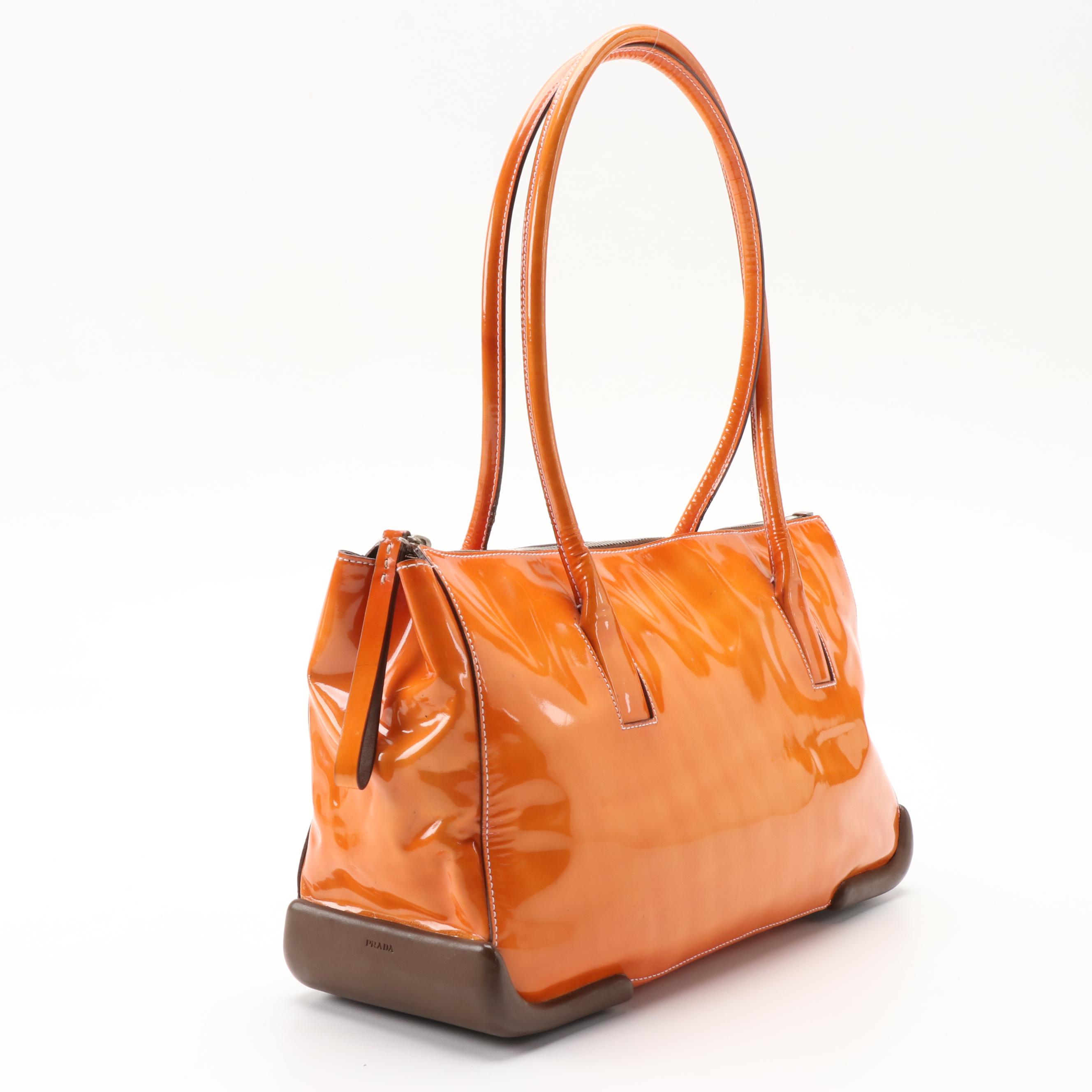 Prada Orange Patent Leather Shoulder Tote with Brown Trim