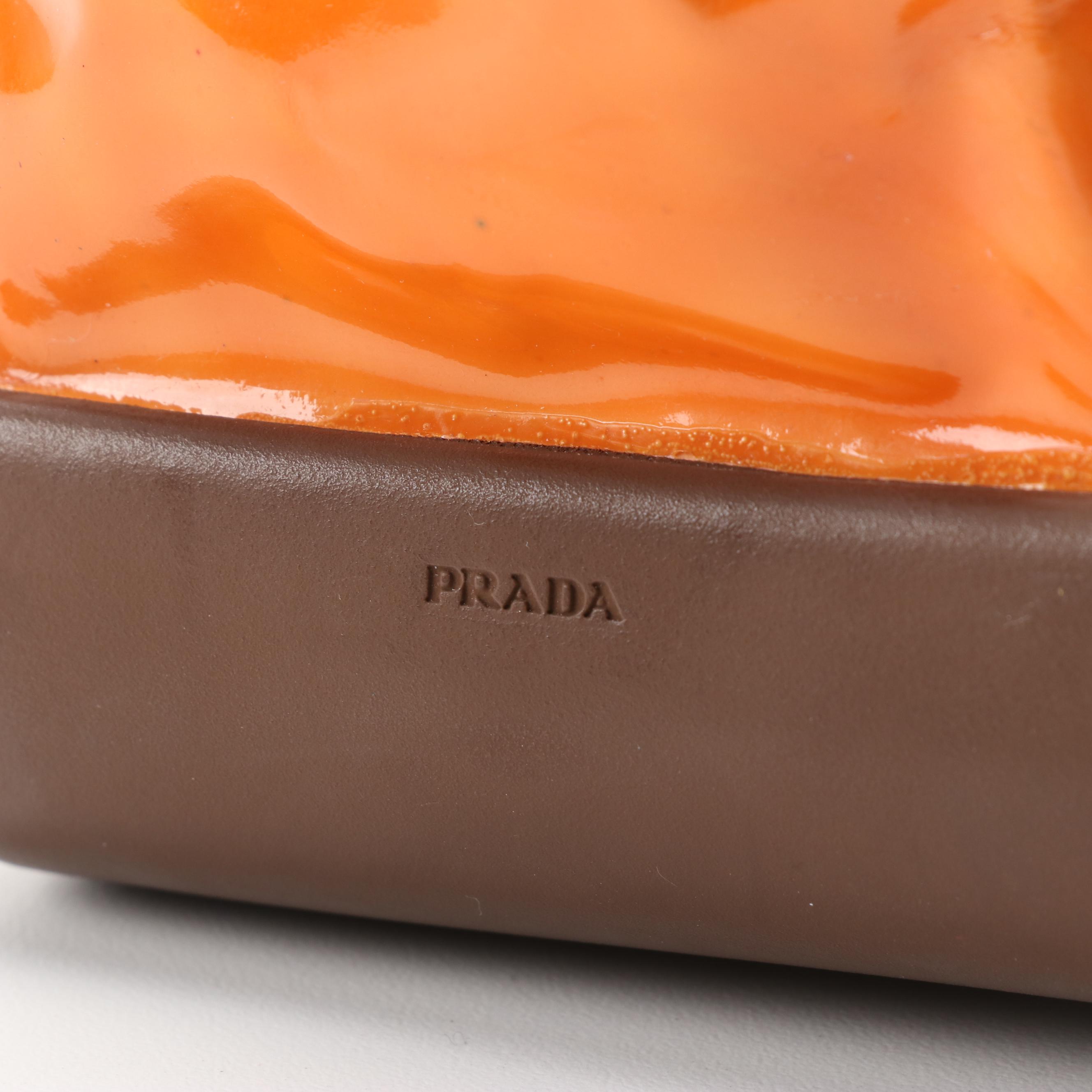 Prada Orange Patent Leather Shoulder Tote with Brown Trim
