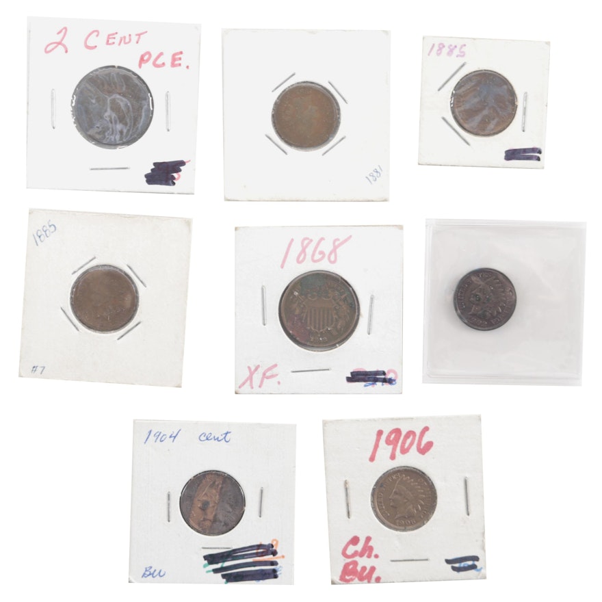 Assortment of Bronze Indian Head Cents and Two-Cent Shield Coins