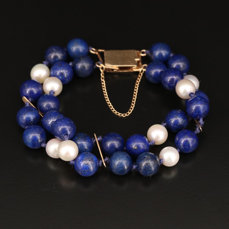 14K Knotted Lapis Lazuli and Pearl Double Strand Bracelet
