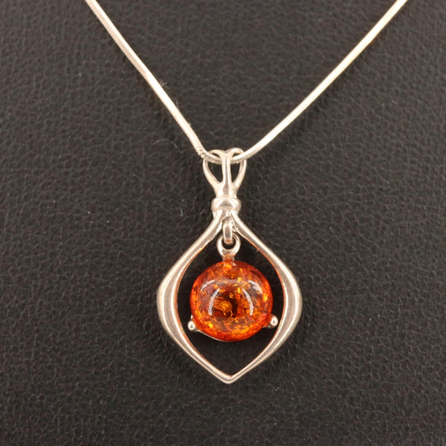 Sterling Silver Amber Pendant Necklace