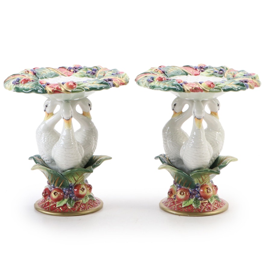 Fitz and Floyd "Holiday Swan" Ceramic Pillar Candle Holders