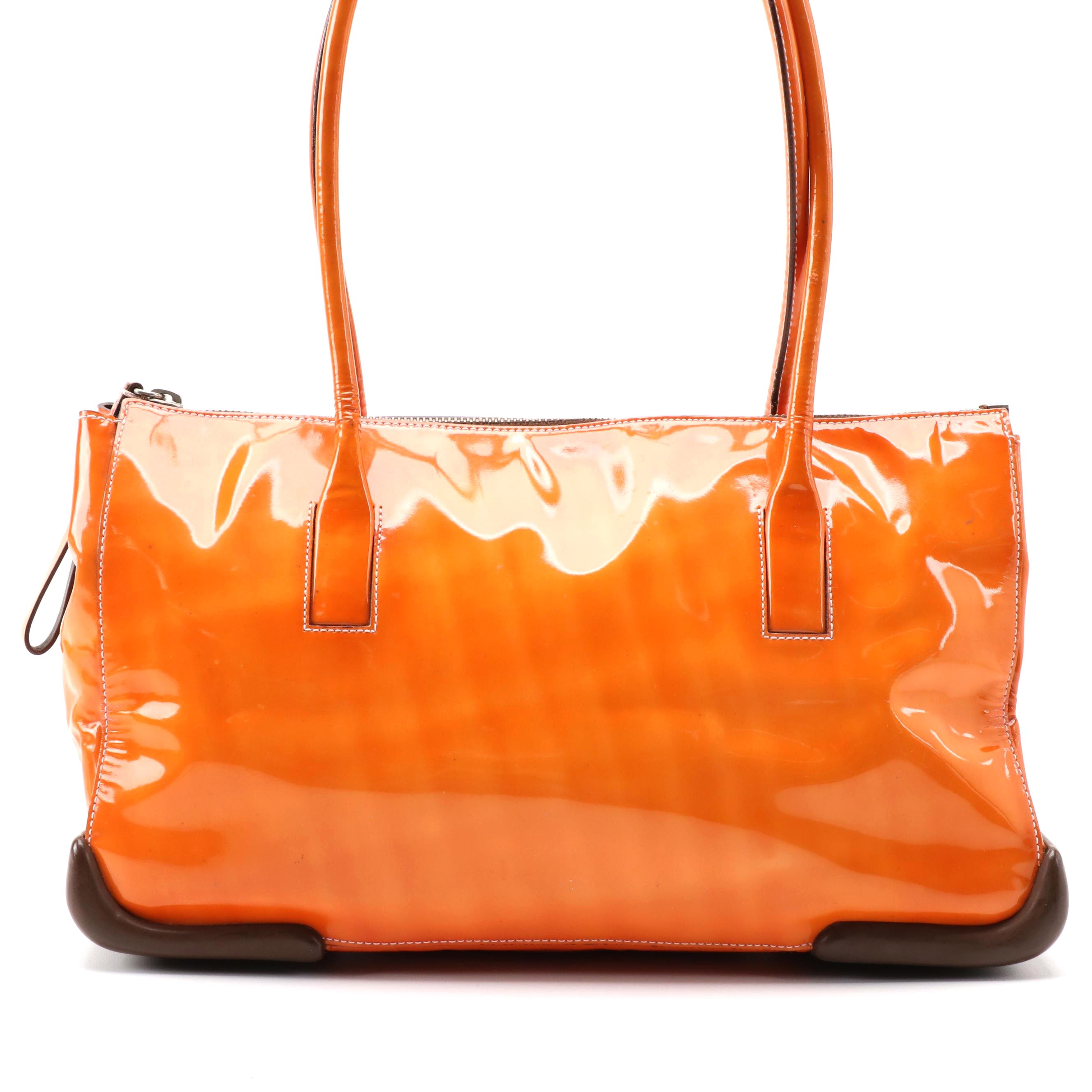 Prada Orange Patent Leather Shoulder Tote with Brown Trim