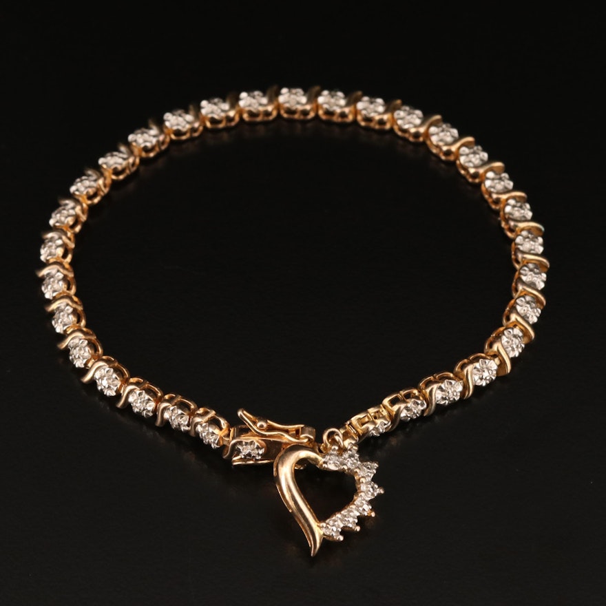Sterling Silver Fancy Link Diamond Bracelet with Heart Charm