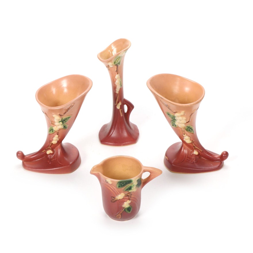 Roseville Pottery "Snowberry Dusty Rose" Vases and Creamer, 1940s