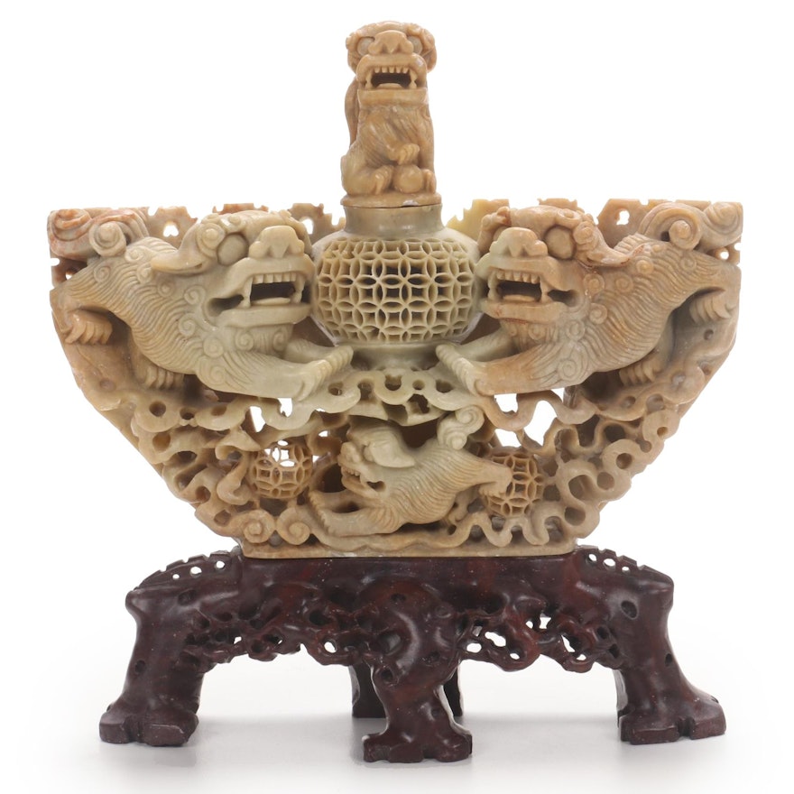 Chinese Carved Soapstone Guardian Lion Censer with Wooden Stand
