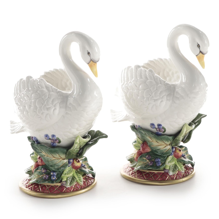 Fitz and Floyd "Holiday Swan" Ceramic Candlesticks