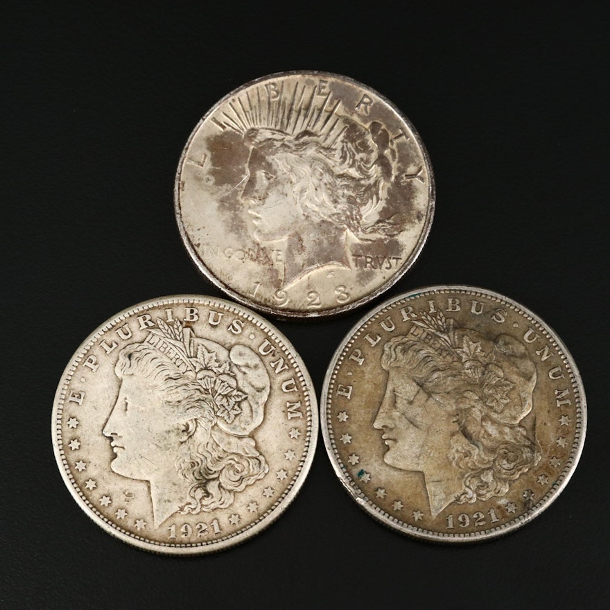 Two Morgan and One Peace Silver Dollar