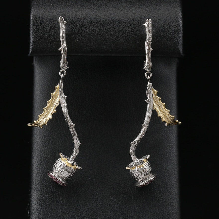 Sterling Silver Garnet Thistle Dangle Earrings