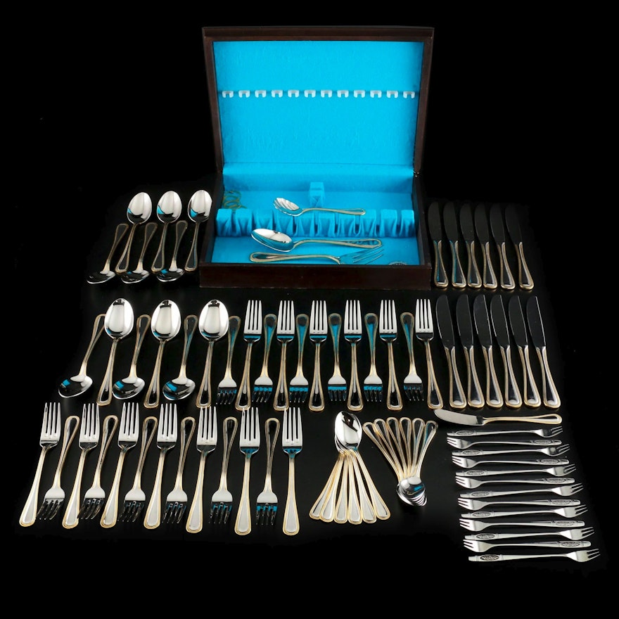 Wallace Stainless Steel "Gold Royal Bead" Flatware with Chest