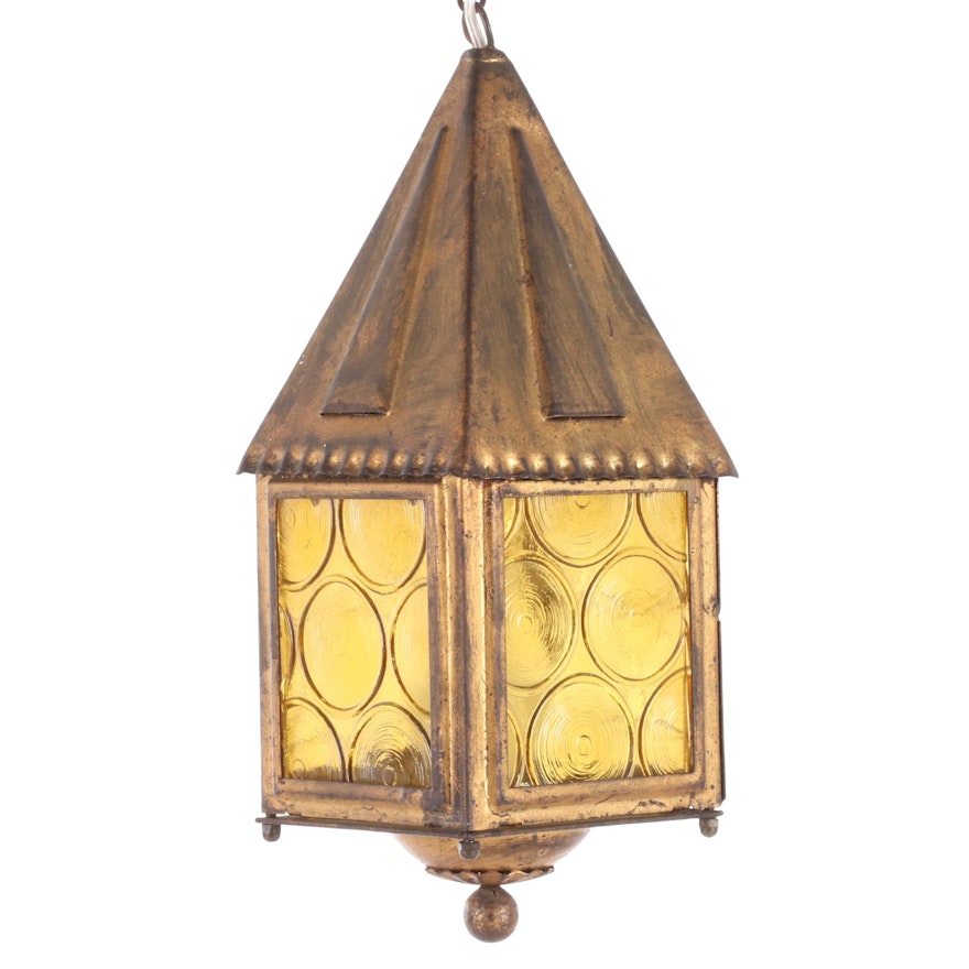 Gilt Metal and Amber Bottle Glass Lantern Pendant Light