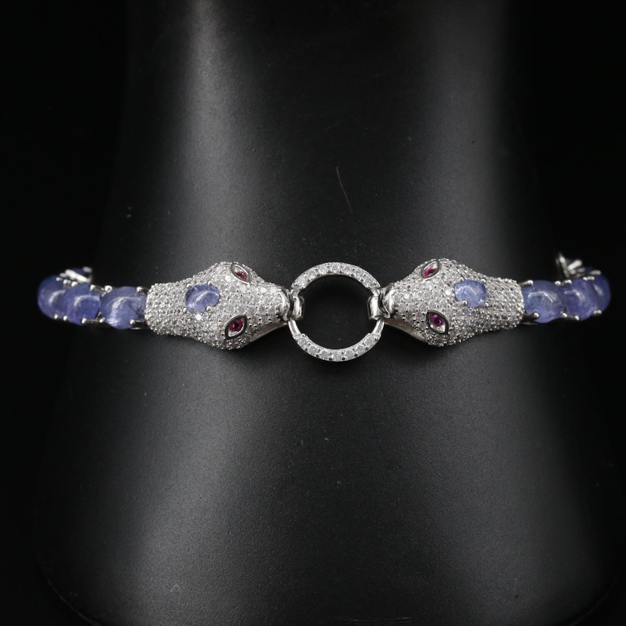 Sterling Tanzanite, Ruby and Cubic Zirconia Double Snake Head Bracelet