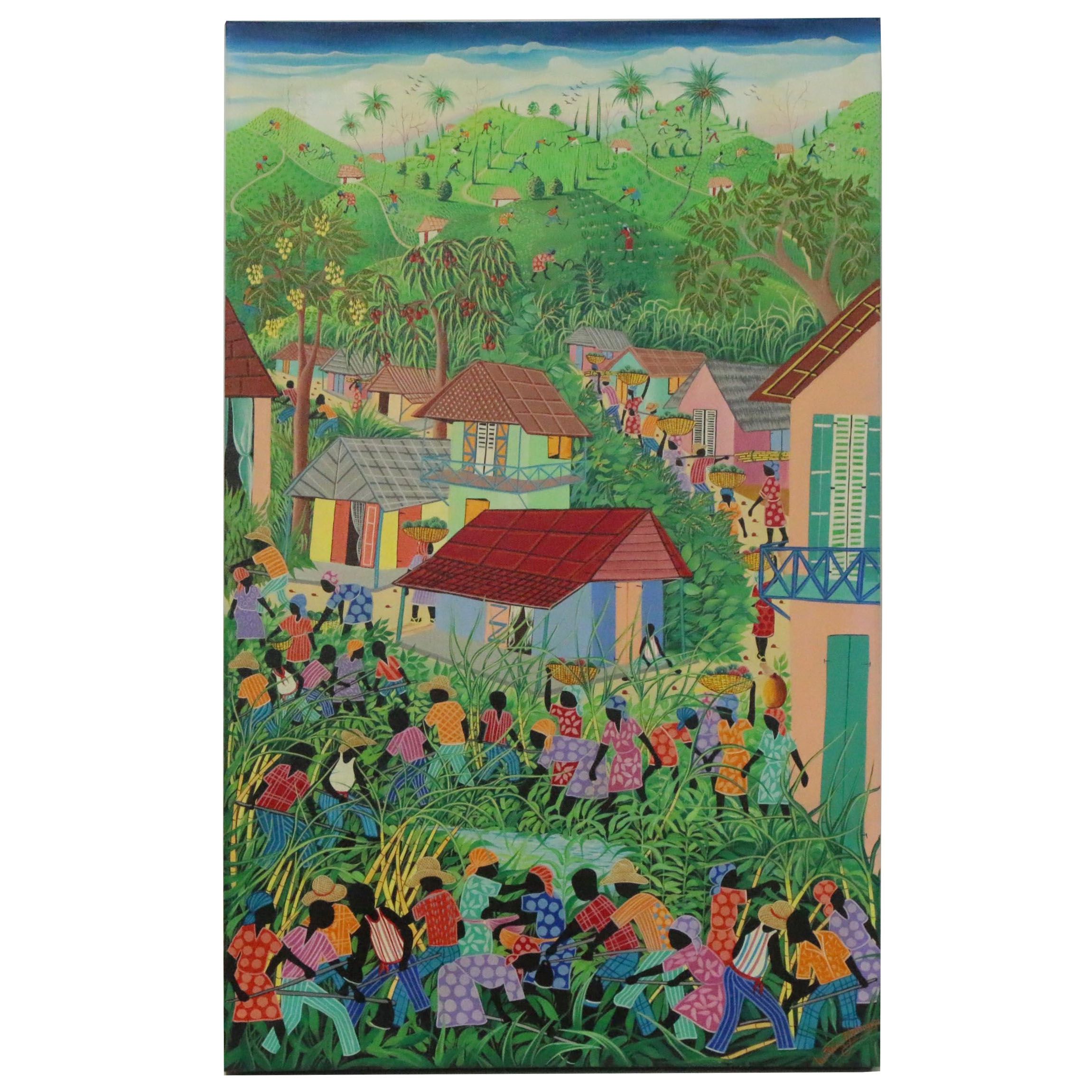Inatace Alphonse Haitian Folk Art Oil Painting of a Village Scene