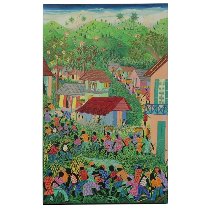 Inatace Alphonse Haitian Folk Art Oil Painting of a Village Scene
