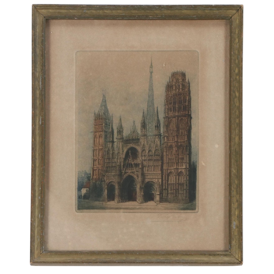 Victor Valery Hand-Colored Etching of Cathedral, Early 20th Century