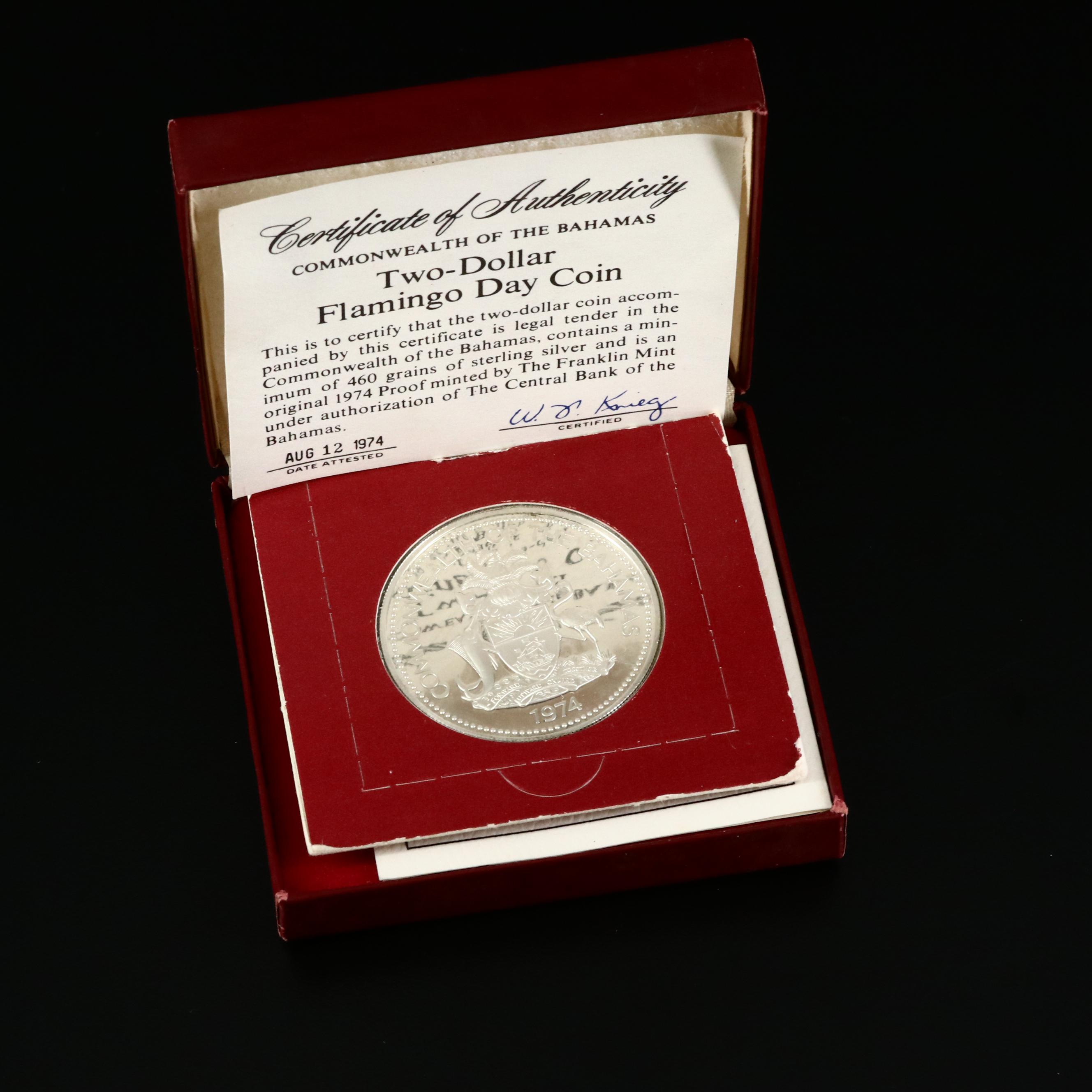 1974 Bahamas "Flamingo" $2 Sterling Silver Coin Issued by The Franklin Mint