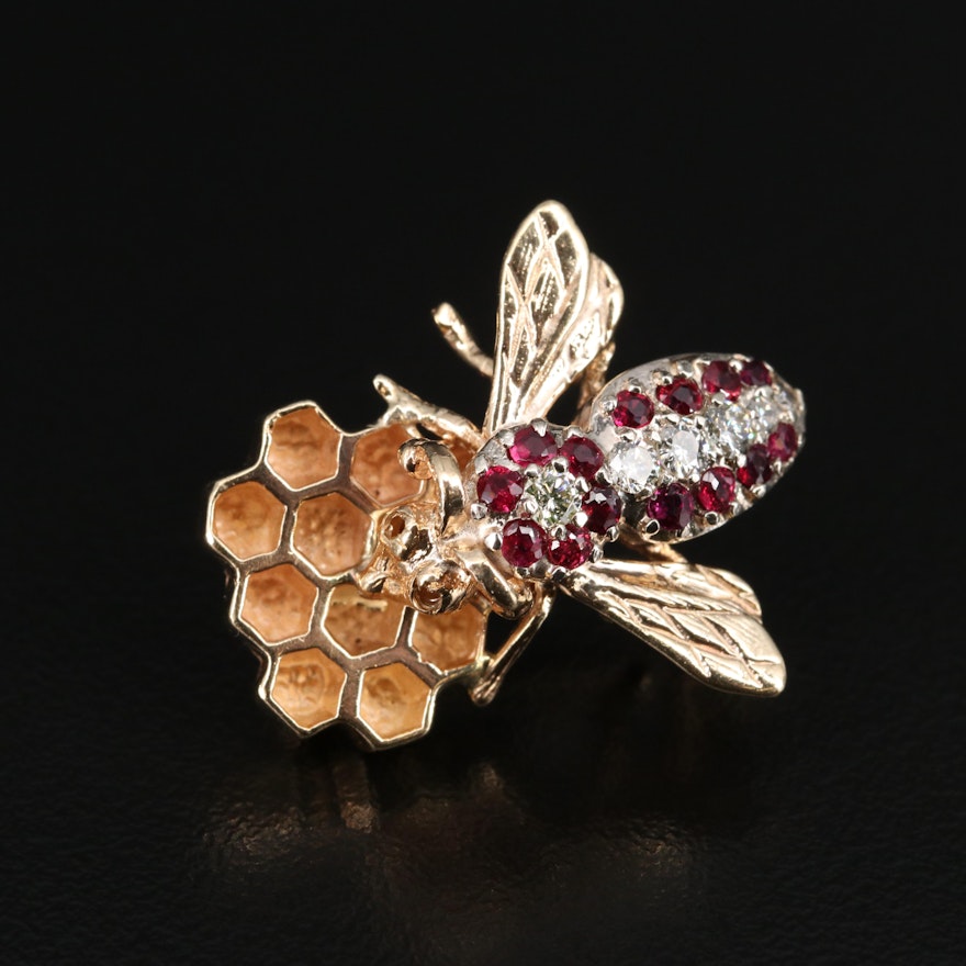 14K Diamond and Ruby Bee on Honeycomb Brooch