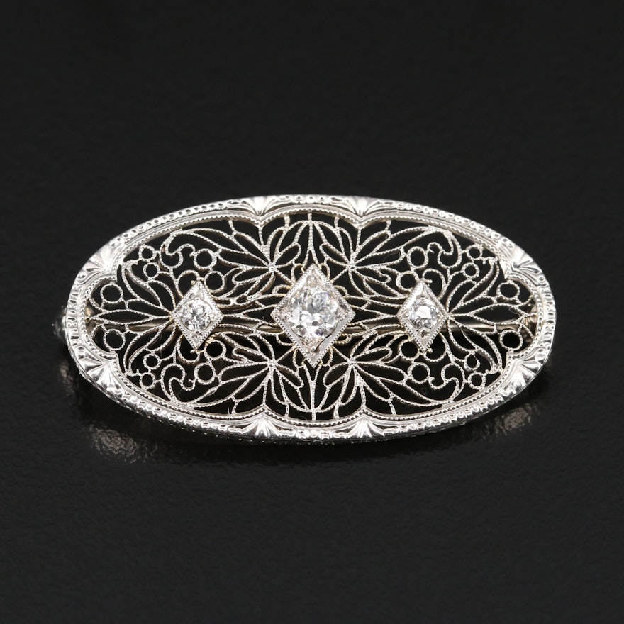 Edwardian Krementz Platinum and 14K Diamond Filigree Brooch