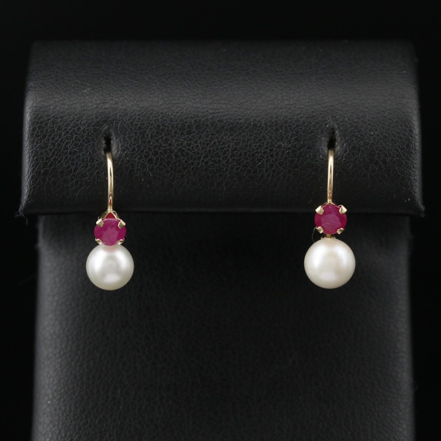 14K Pearl and Ruby Drop Earrings