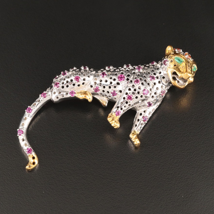 Sterling Silver Emerald, Sapphire and Garnet Jaguar Brooch