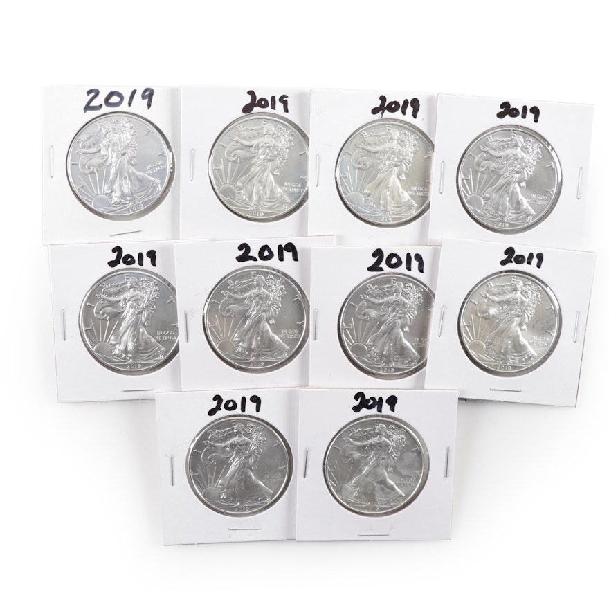 Ten 2019 American Silver Eagle Bullion Coins