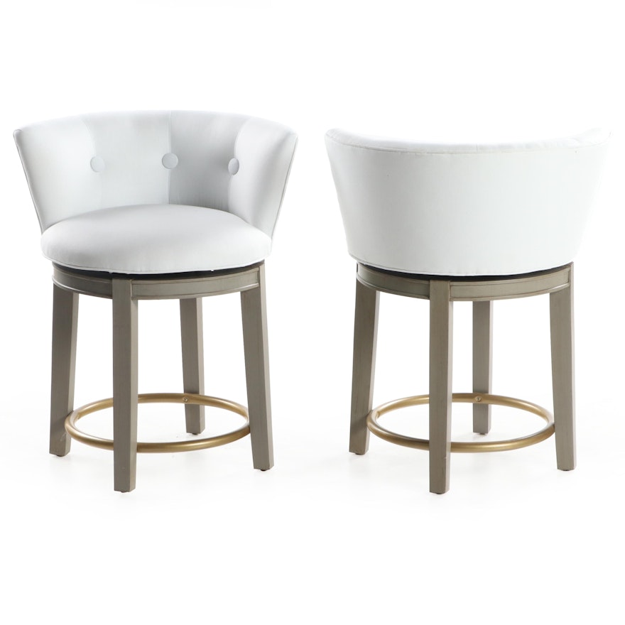 Pair of Cox Contemporary Button-Tufted Upholstered Barrel Back Barstools