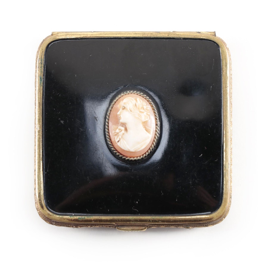 Pilcher Helmet Shell Cameo in Enamel Case Dual Powder Compact, Early/Mid 20th C