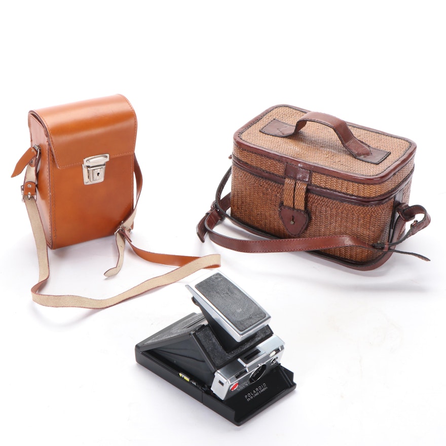 Polaroid SX-70 Land Camera with Leather Case and Elliot Lucca Woven Handbag