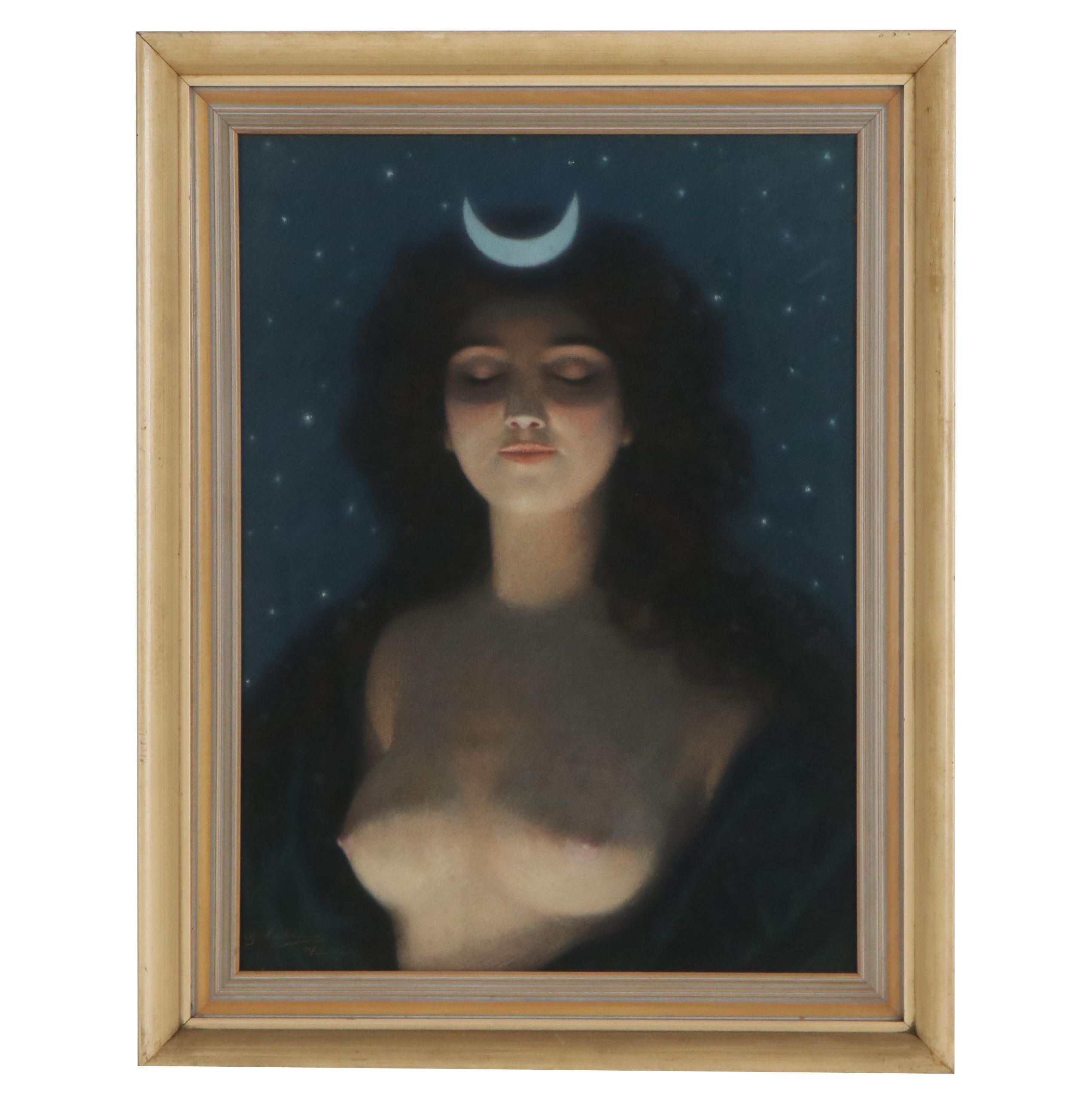 Giovanni Caldana Surrealist Pastel Drawing of Female Nude, Early-20th Century