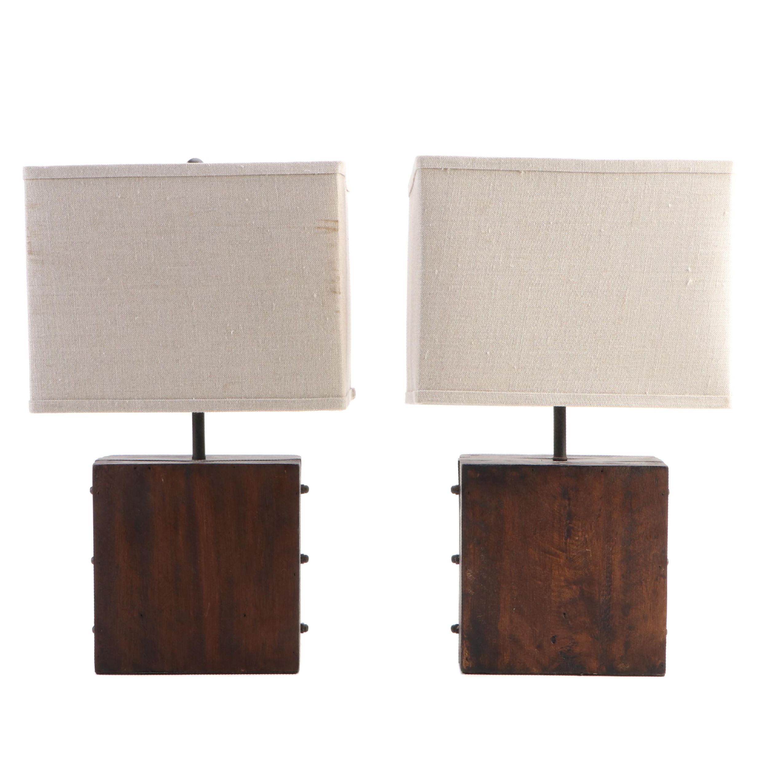 Contemporary Loft Style Wooden Lamps with Rectangular Linen Shades