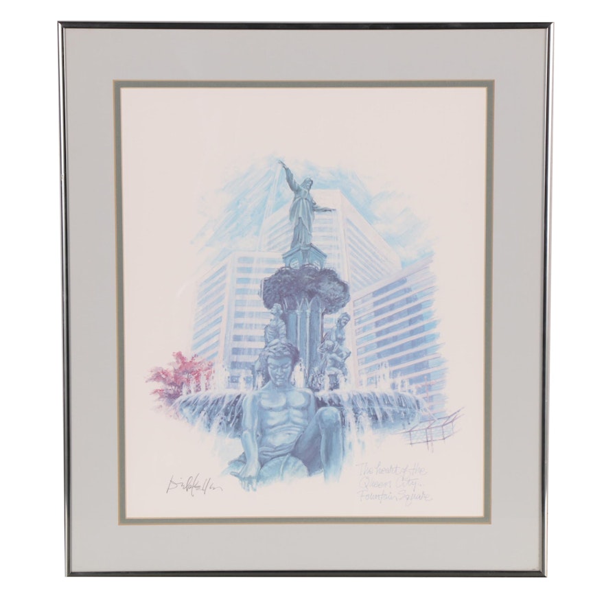 Offset Lithograph "The Heart of the Queen City...Fountain Square"