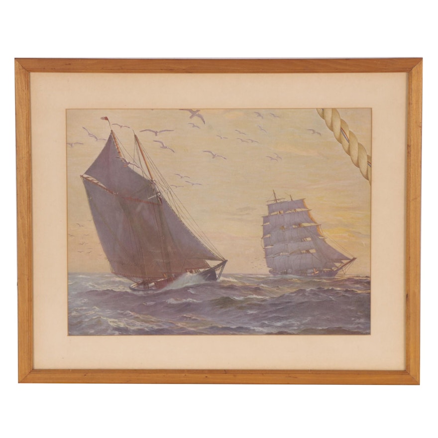 Offset Lithograph of Nautical Scene, Mid to Late 20th Century