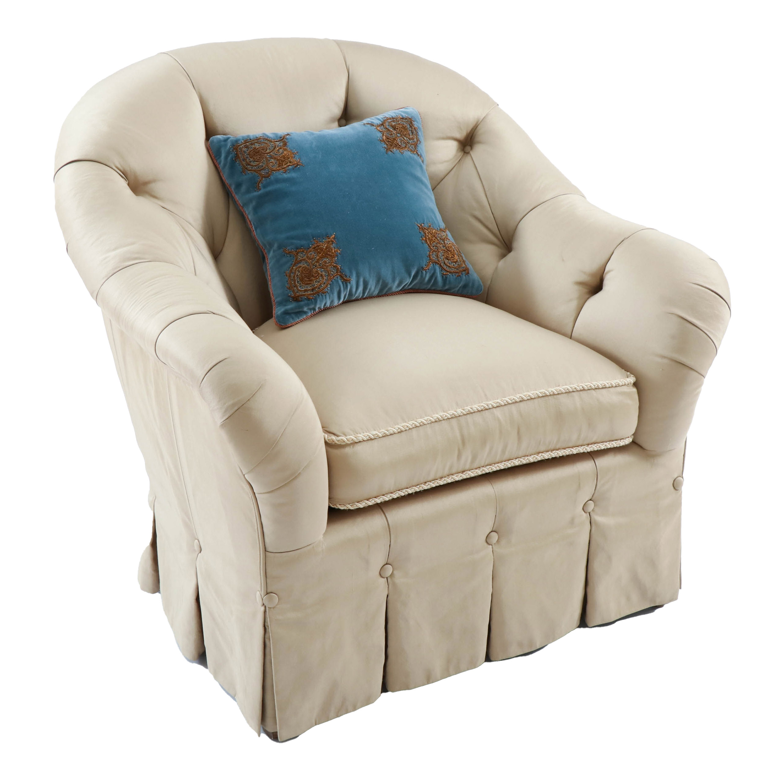Dapha Silk Upholstered Button-Tufted Armchair with Embroidered Accent Pillow