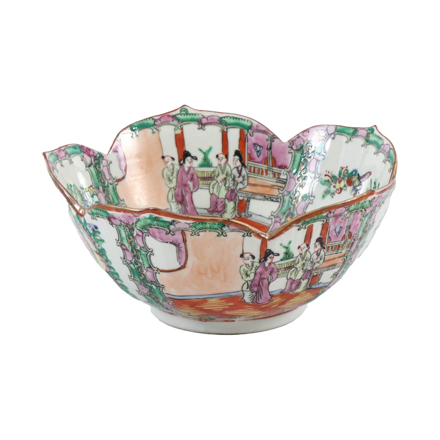 Chinese Rose Medallion Lotus Bowl, Mid to Late 20th Century