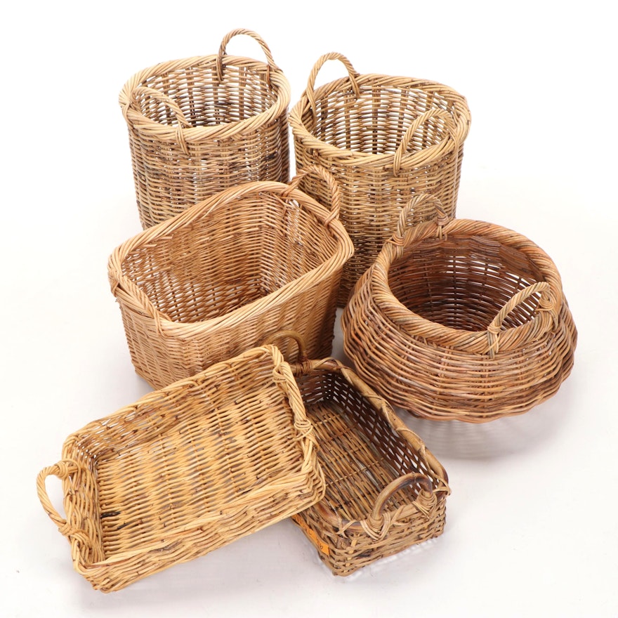 Woven Wicker Storage and Handled Baskets, Late 20th Century