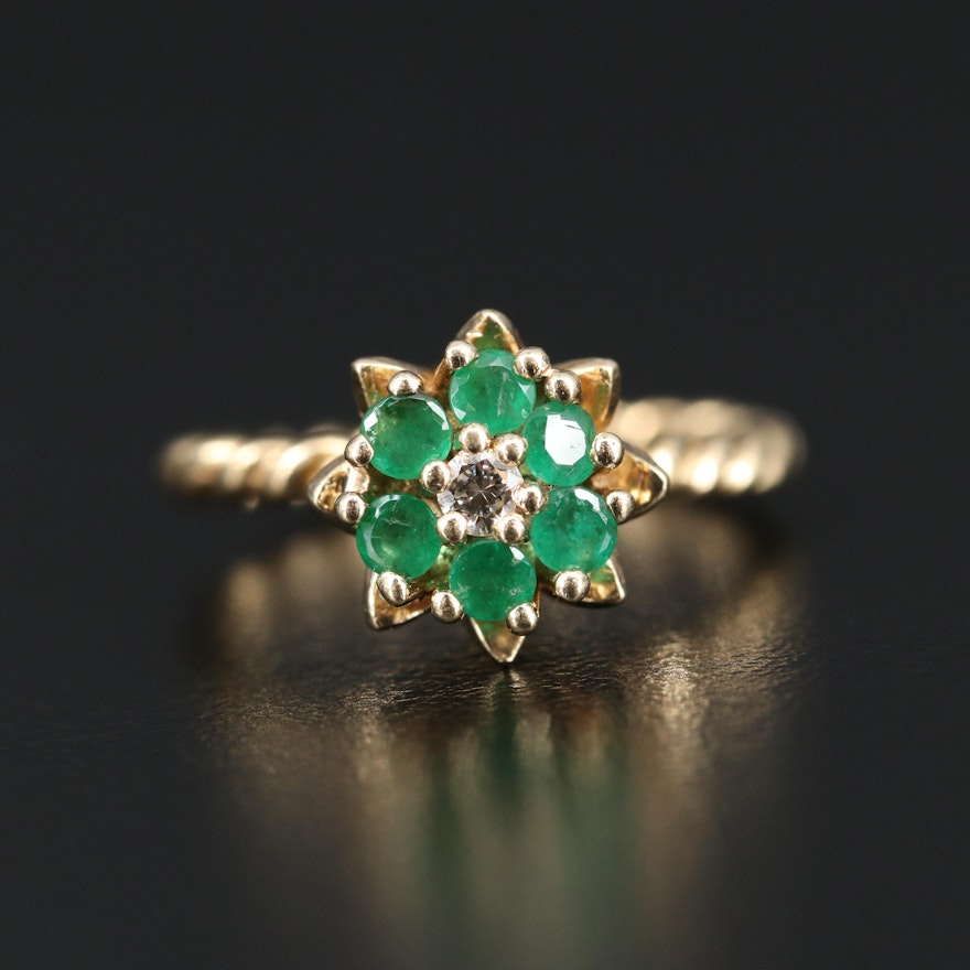 14K Emerald and Diamond Ring Featuring Tulip Setting and Twisted Shank