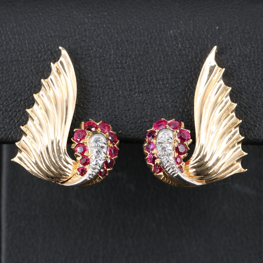 Retro Cartier Platinum and 14K Ruby and Diamond Clip-On Earrings