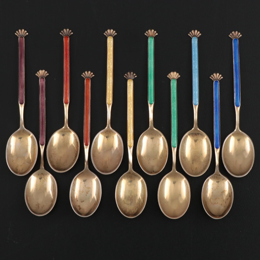 Aksel Holmsen Enameled Vermeili Demitasse Spoons, Mid-20th Century