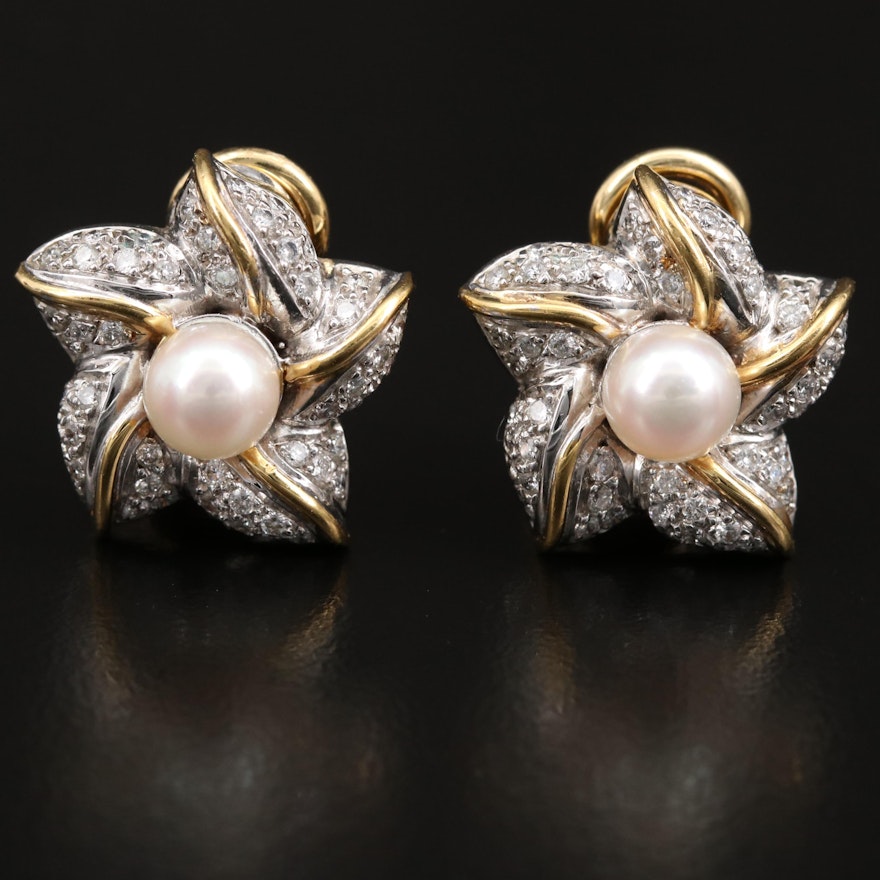 18K Pearl and 1.00 CTW Diamond Clip Earrings