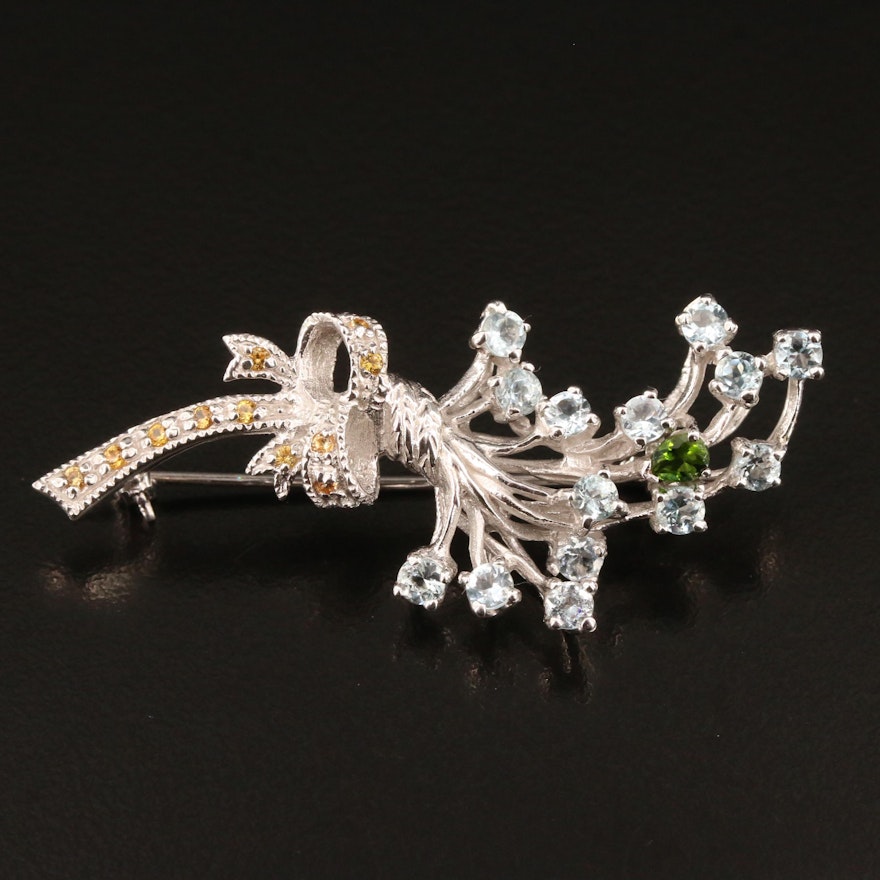 Sterling Silver Aquamarine, Diopside and Sapphire Floral Bouquet Brooch