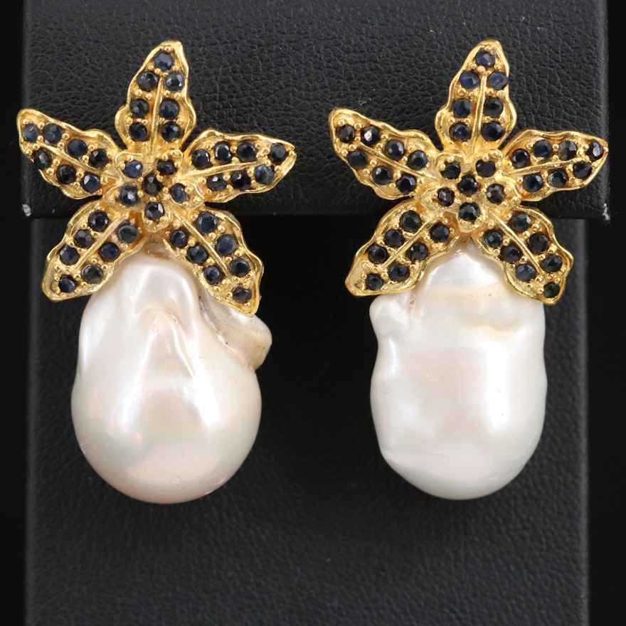 Sterling Silver Baroque Pearl and Sapphire Star Motif Earrings