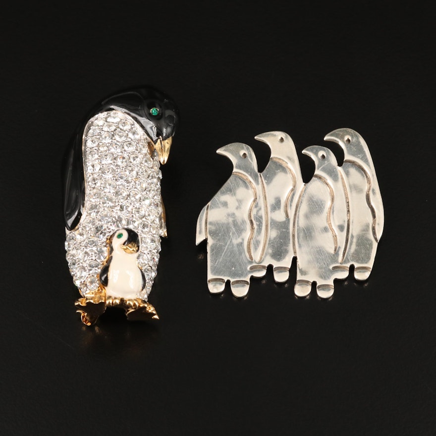 Sterling Glass and Enamel Penguin Brooches