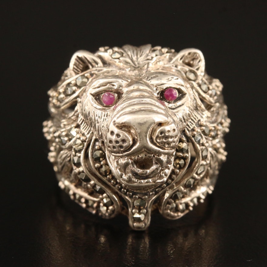 Sterling Silver Marcasite Lion's Head Ring with Corundum Accents