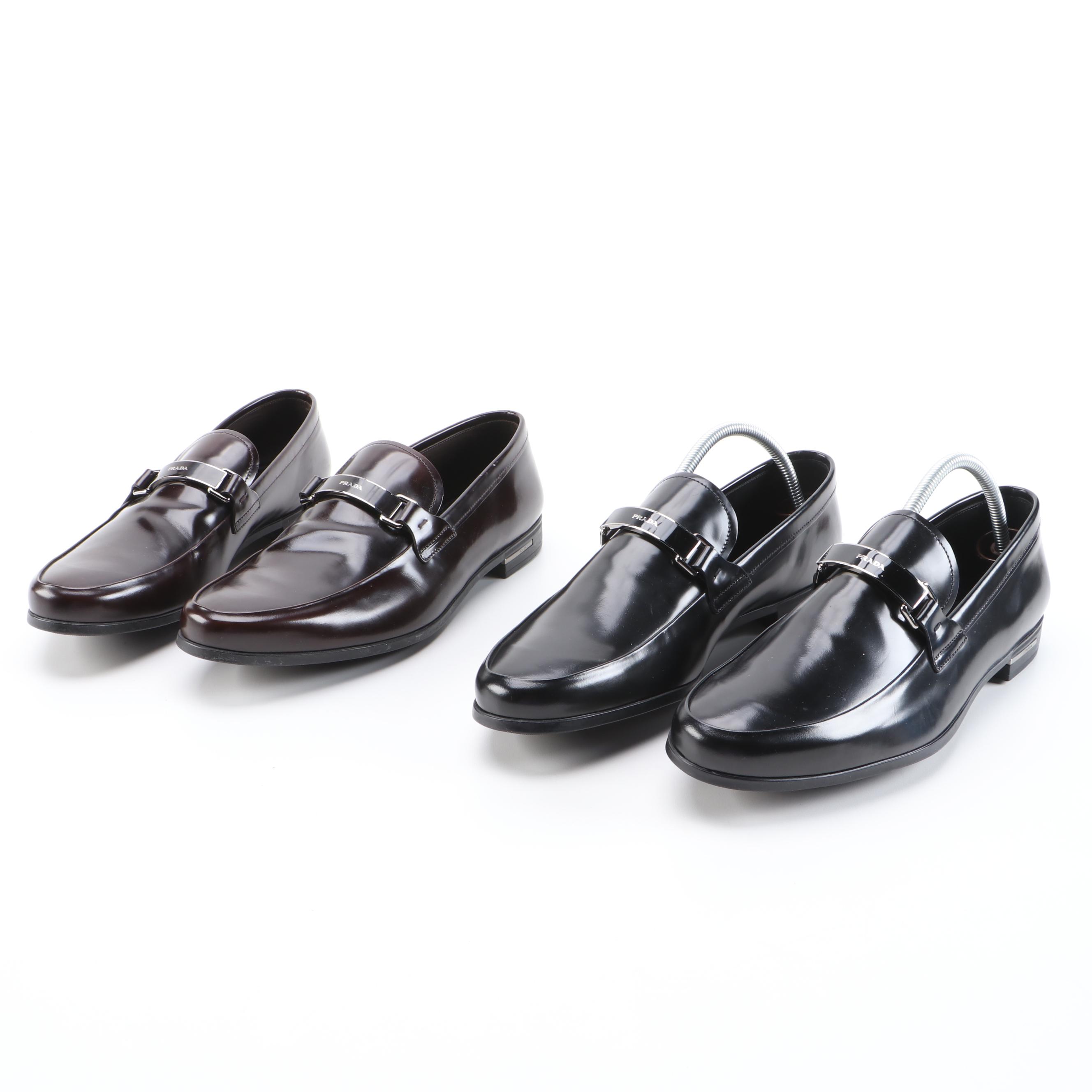 Men's Prada Dark Brown and Black Logo Plaque Loafers