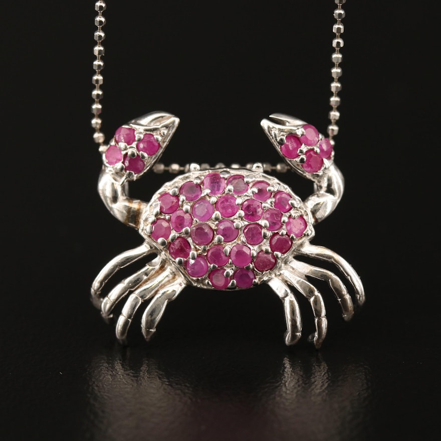 Sterling Silver Ruby Crab Pendant Necklace