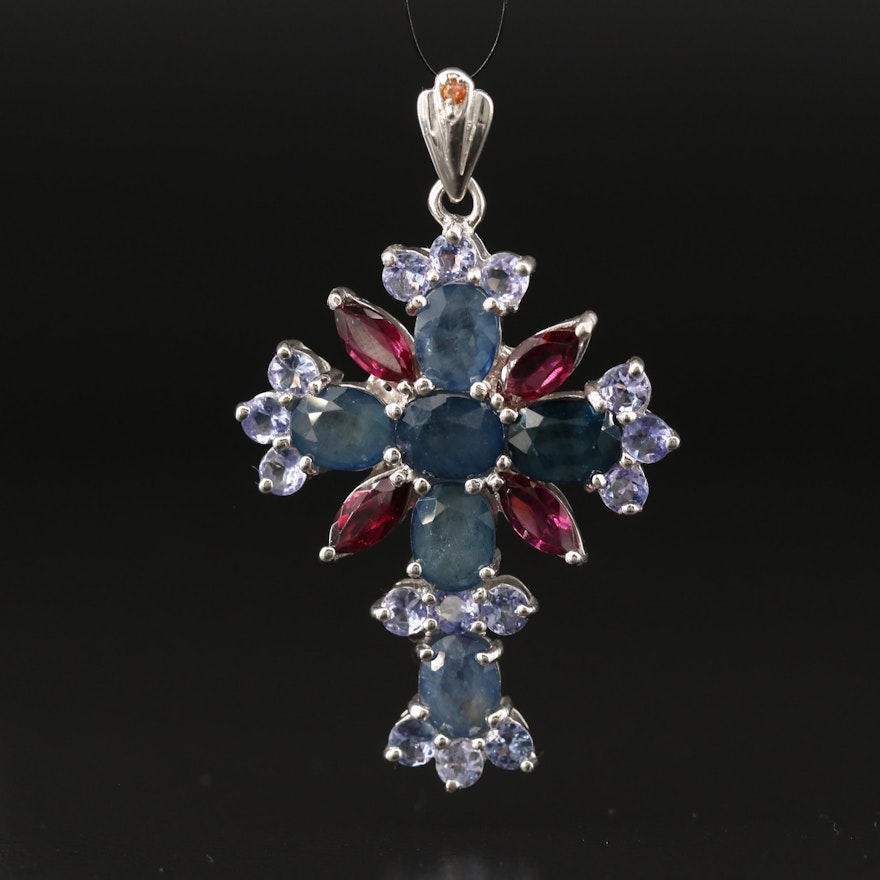 Sterling Silver Sapphire, Garnet and Tanzanite Cross Pendant